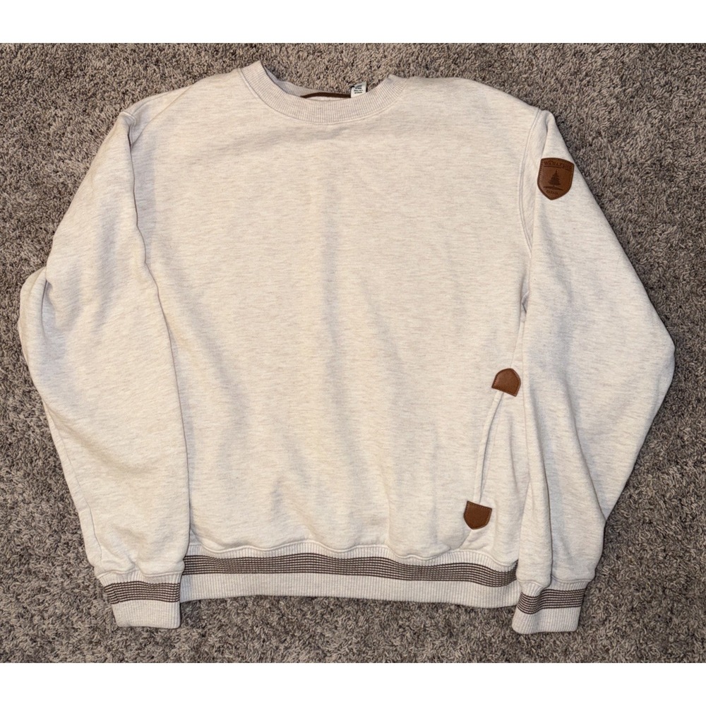 Wanakome Adventure Crewneck Pullover  Sweatshirt Oatmeal Heather Leather Patch M